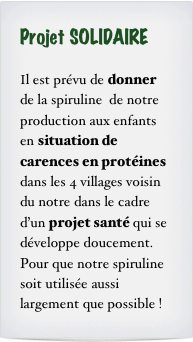 Projet SOLIDAIRE

Il est prévu de donner de la spiruline  de notre production aux enfants en situation de carences en protéines dans les 4 villages voisin  du notre dans le cadre d’un projet santé qui se développe doucement.
Pour que notre spiruline soit utilisée aussi largement que possible !